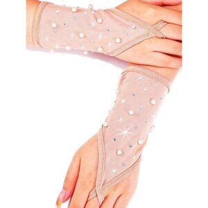 Women's Fingerless Sheer Rhinestone Pearl Short Nude Gloves Opera Party Tea